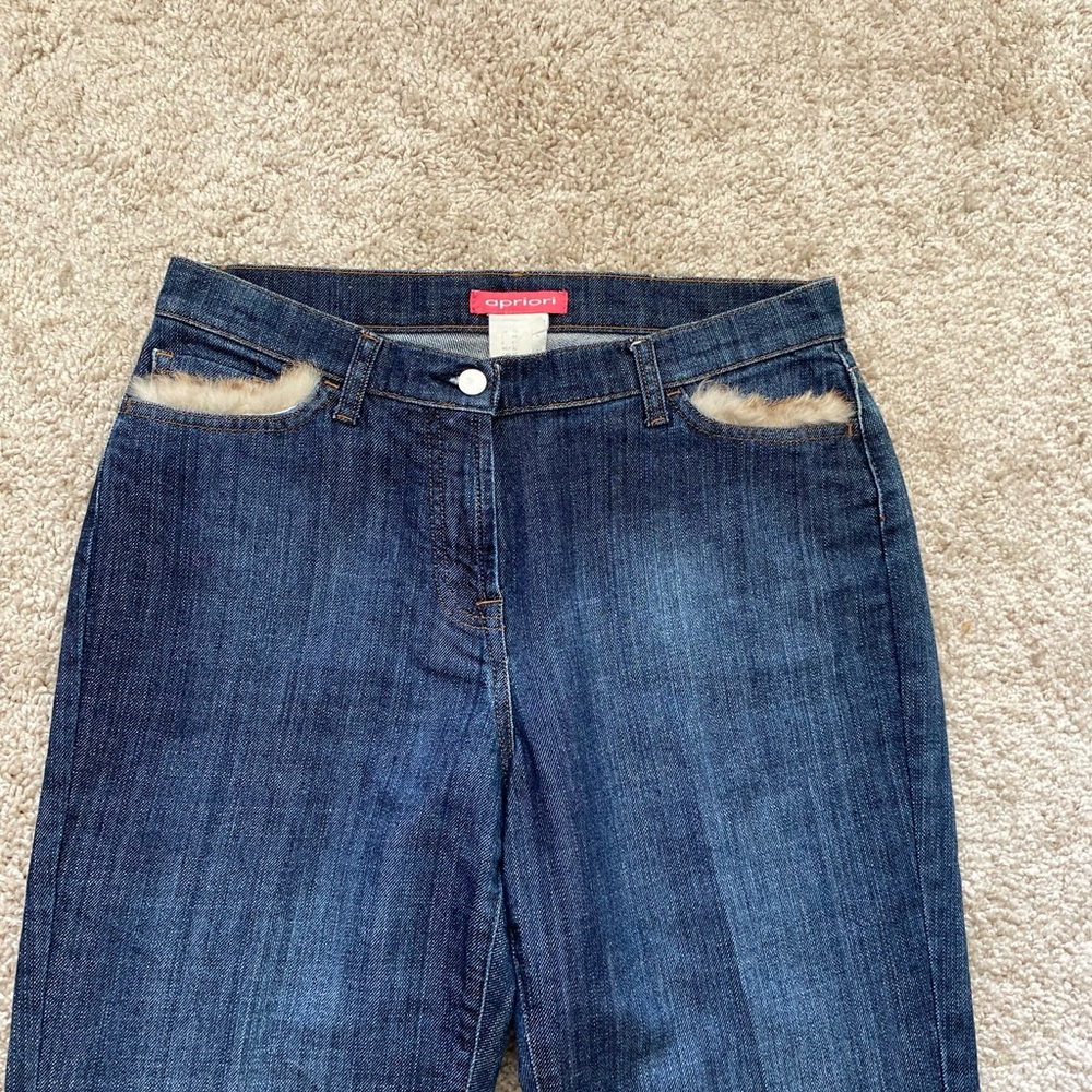 Apriori Women's Vintage 90’s mid rise wide leg fur trim jeans Sz 8 long blue - Picture 2 of 7